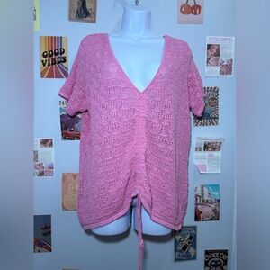 torrid Pink Open-Knit V-Neck Short Sleeve Sweater